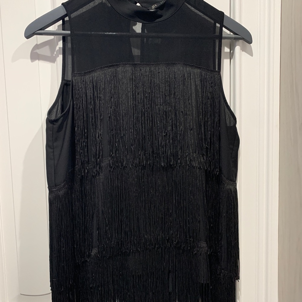 Zara high neck black blouse with fringes